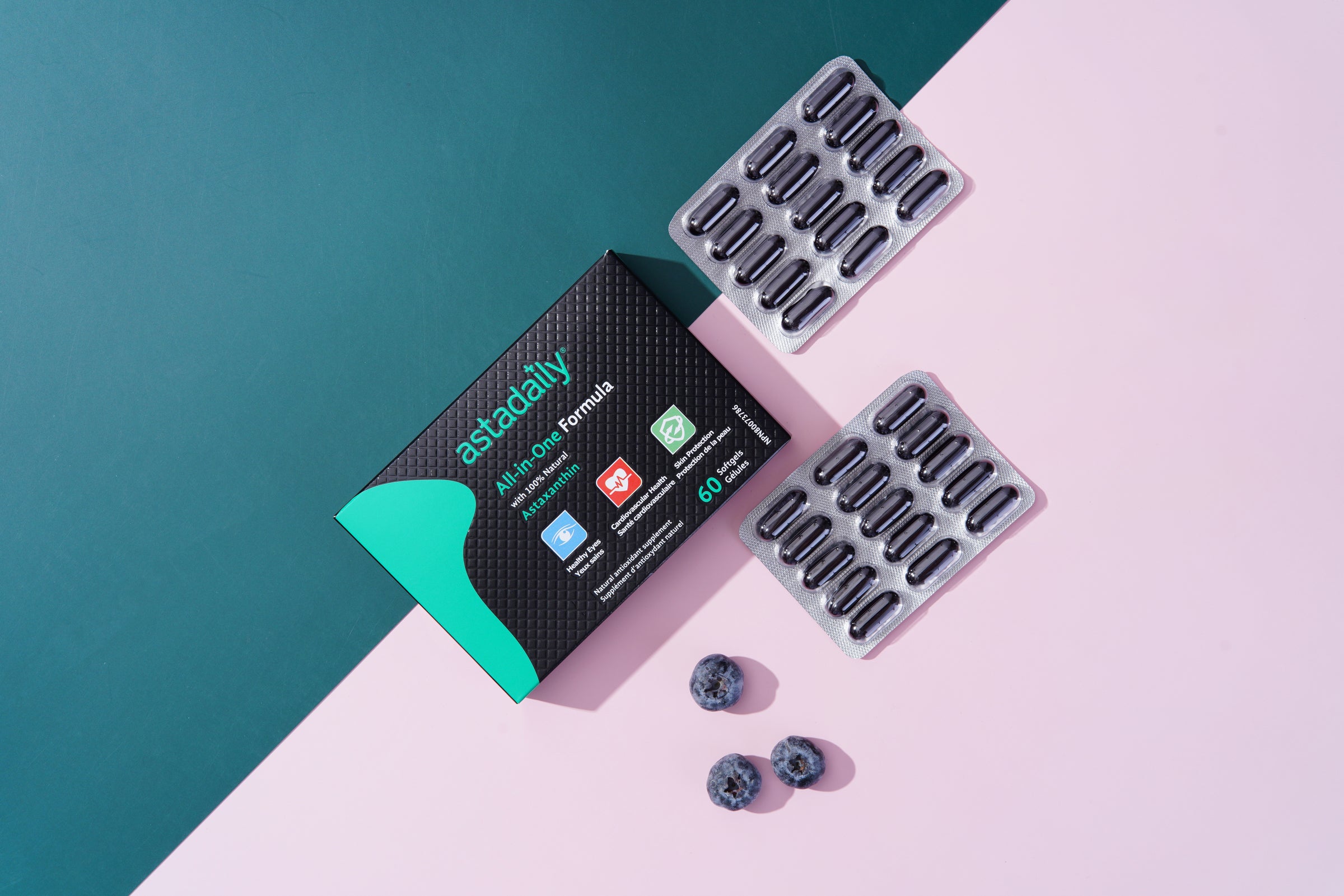 Astadaily All-In-One astaxanthin antioxidant supplement box with blueberries and softgels on an indigo and light purple background, highlighting natural antioxidant ingredients.