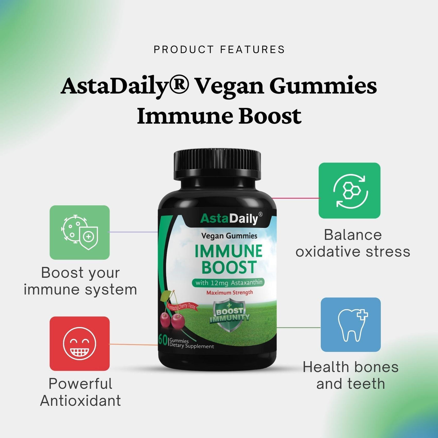 GREEN AstaDaily Immune Boost Vegan Gummies with 12mg natural astaxanthin and vitamin c