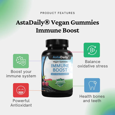 AstaDaily Immune Boost Vegan Gummies with 4mg natural astaxanthin and vitamin c features