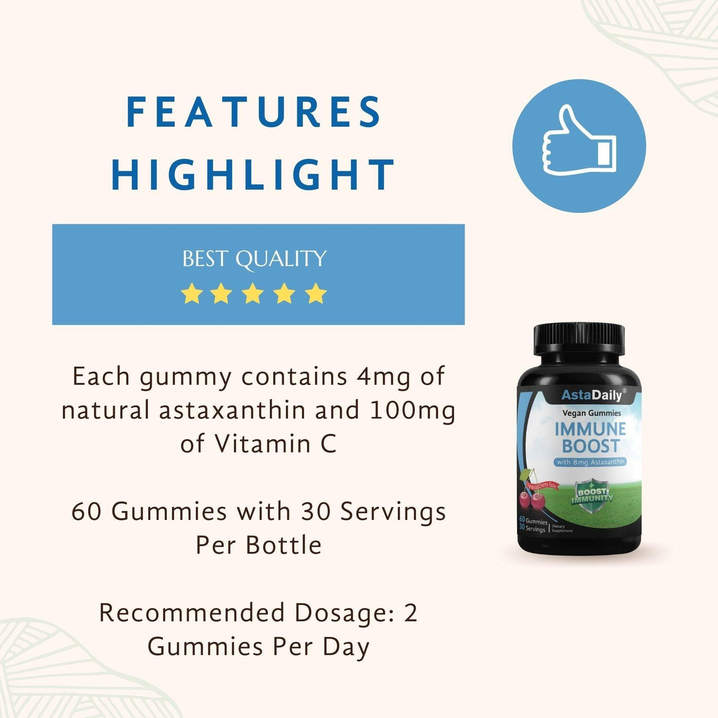 AstaDaily® Immune Boost Vegan Gummies (BLUE-30 servings) - 4mg Natural Astaxanthin with 100mg Vitamin C - Iconthin Biotech Corp.